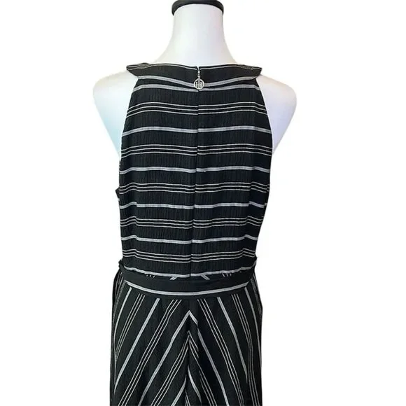Tommy Hilfiger Halter Midi Dress Crinkle Gauze Belted Striped Black Gray 12 NWOT - Picture 7 of 16